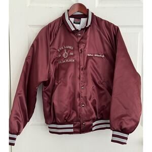 Vintage Hilton Sz Large Maroon Red Nylon Satin Bomber Jacket 1993 Bowling Award